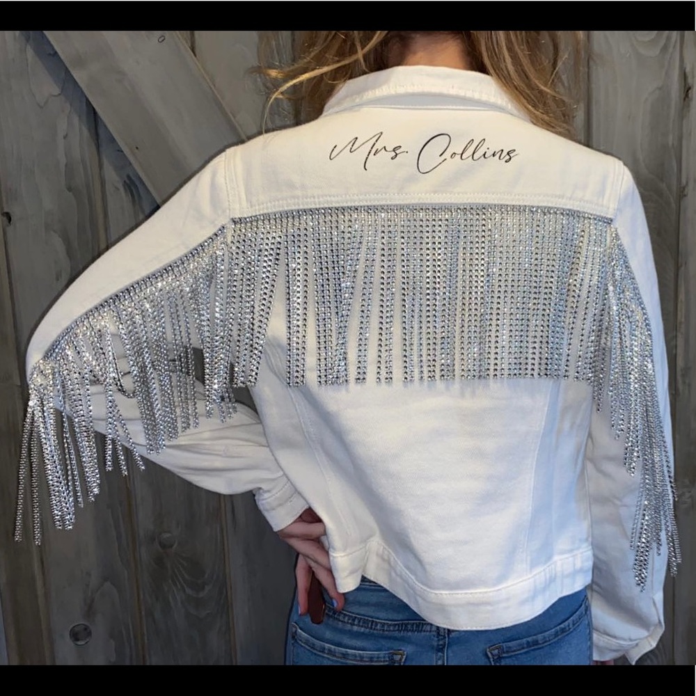Handmade to order! Bridal denim jean jacket with rhinestone fringe